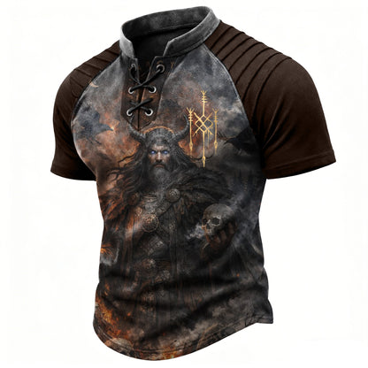 Men's Viking Graphic Lace-Up T-Shirt - Vintage Pleated Shoulder Short Sleeve Top