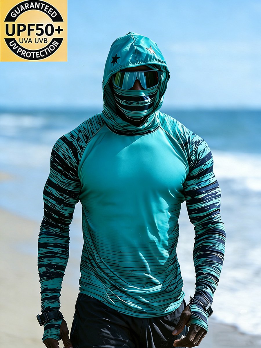 Men's Outdoor Sun Protection Breathable Cool Face Mask Hooded Printed Long-Sleeved Top