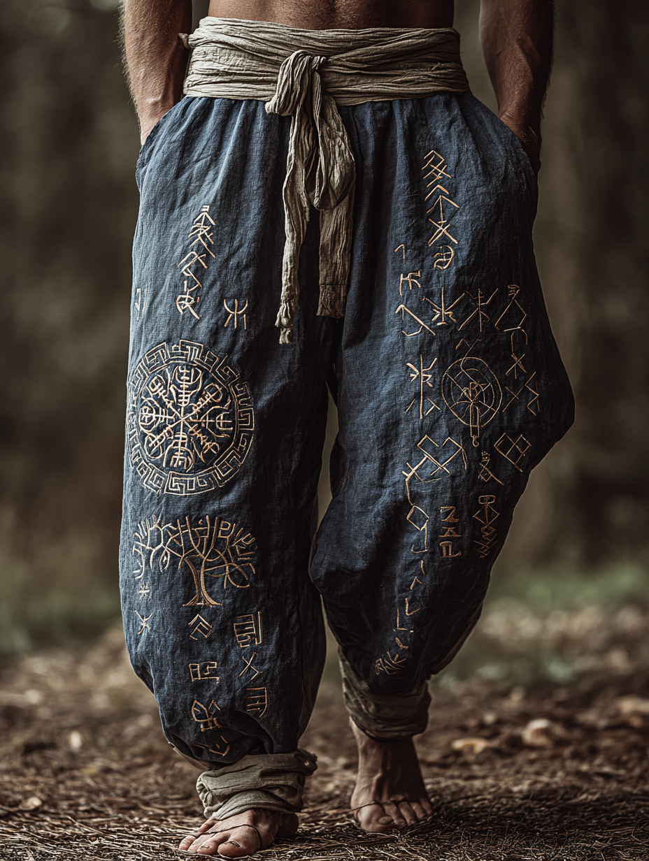 Men's Viking Retro Nordic Two-Tone Golden Rune Totem Linen Pants