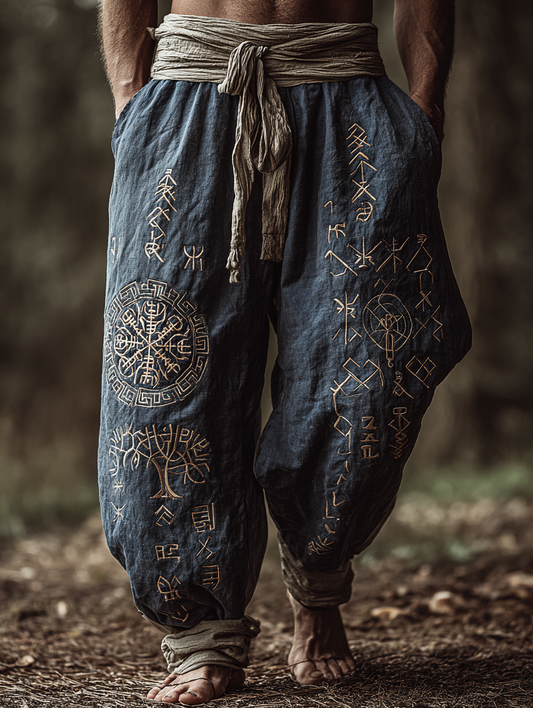 Men's Viking Retro Nordic Two-Tone Golden Rune Totem Linen Pants