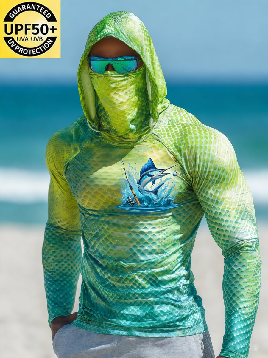 Men's Outdoor Sun Protection Breathable Cool Face Mask Hooded Printed Long-Sleeved Top