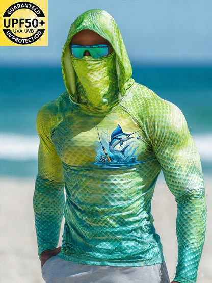 Men's Outdoor Sun Protection Breathable Cool Face Mask Hooded Printed Long-Sleeved Top