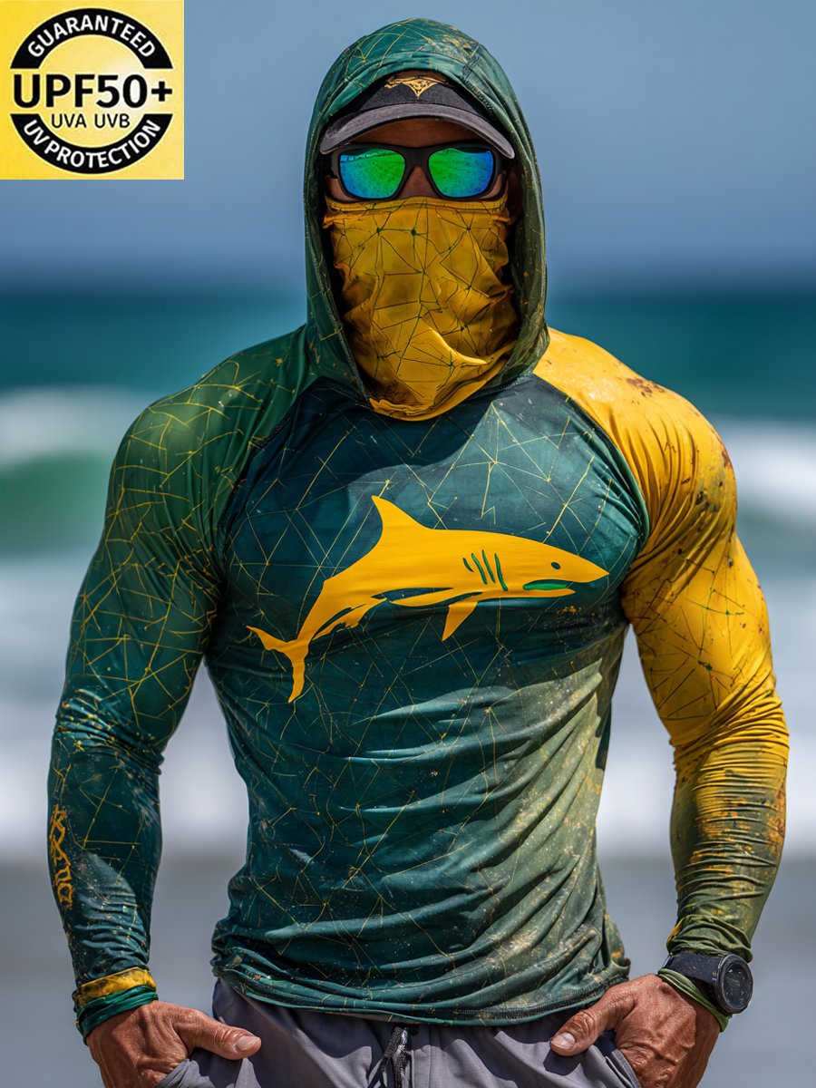 Men's Outdoor Sun Protection Breathable Cool Face Mask Hooded Printed Long-Sleeved Top