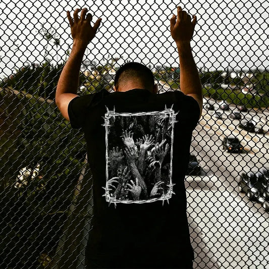 Barbed Wire Frame Reaching Hands Graphic Printed Men's T-shirt