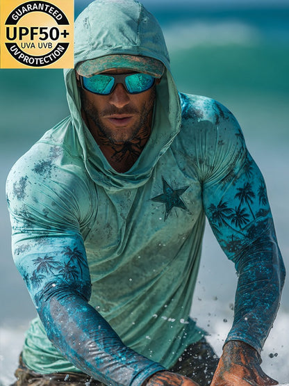 Men's Outdoor Sunscreen Breathable Cool Hooded Printed Surf Long-Sleeve Top
