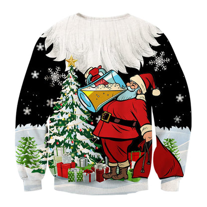 Unisex Santa Claus Drink Beer Print Crew Neck Ugly Christmas Sweatshirt