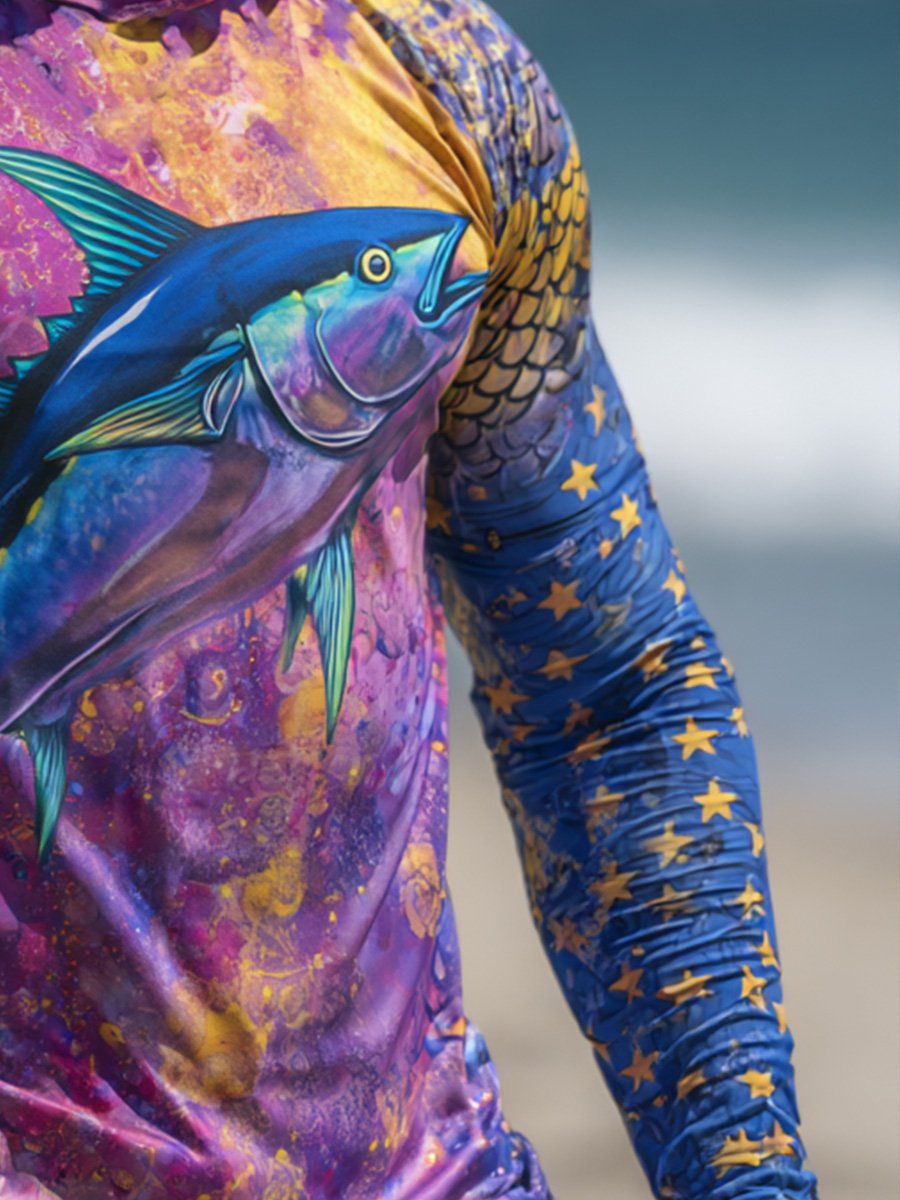 Men's Outdoor Sun Protection Breathable Cool Face Mask Hooded Printed Long-Sleeved Top