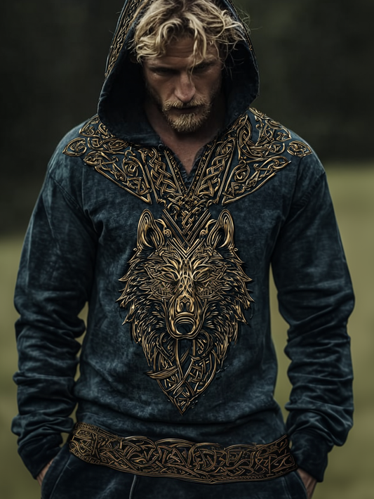 Viking Style Inspired Wolf Golden Rune 3D Printed Unisex Casual Hoodie