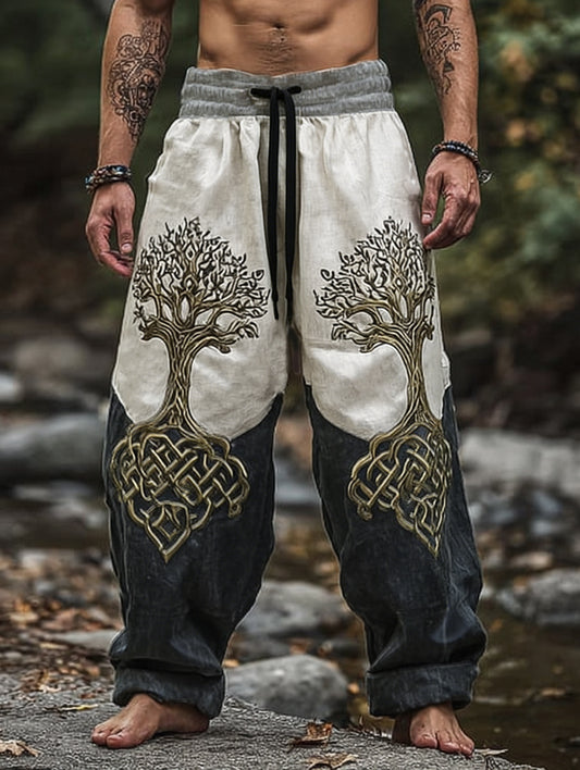 Viking Myth Yggdrasil Patchwork Print Casual Cotton-Linen Pants