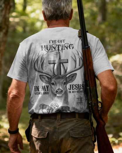 I've Got Hunting In My Veins And Jesus In My Heart All Over Print Grey T-Shirt