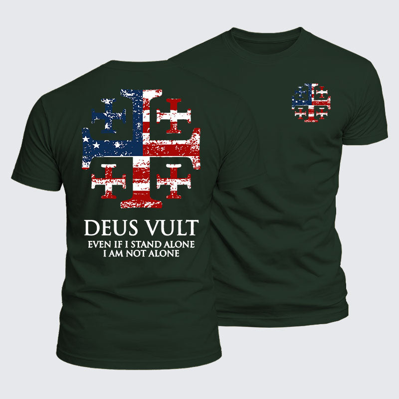 Luxe Mercerized Cotton Tee - Deus Vult Jerusalem Cross Usa Flag Even If I Stand Alone, I Am Not Alone