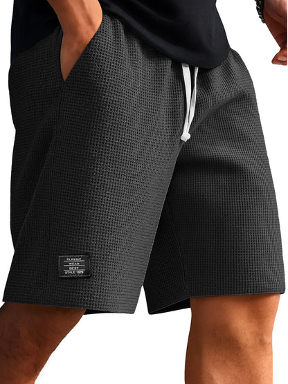 Men's Waffle Texture Embroidered Logo Casual Solid Color Shorts