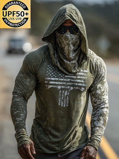 Men's Retro Flag Outdoor Sun Protection Breathable Cooling Mask Hooded Sun Protection Long Sleeve Top