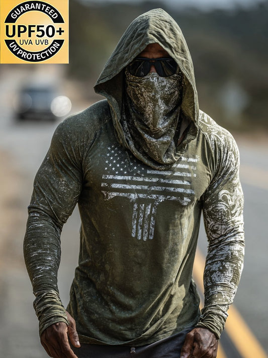 Men's Retro Flag Outdoor Sun Protection Breathable Cooling Mask Hooded Sun Protection Long Sleeve Top