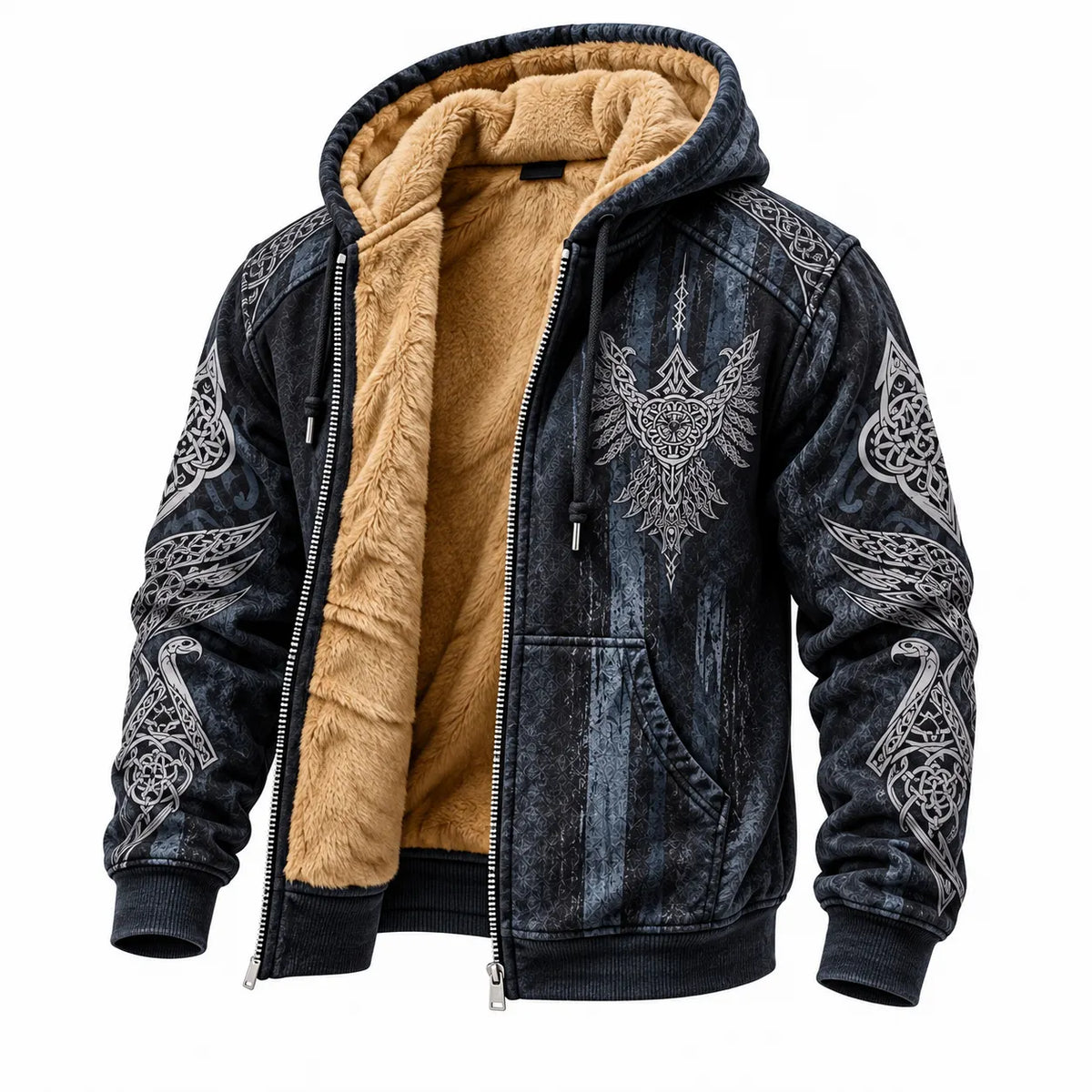 Charcoal Viking Winged Crest Fleece Zip Hoodie