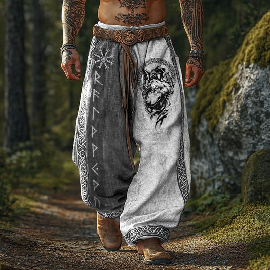 Grey and white two-tone vintage Viking casual pants printed with wolf head and Norse runes