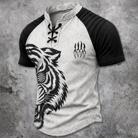 Men's Tiger Graphic Lace-Up Henley T-Shirt - Distressed Raglan Short Sleeve