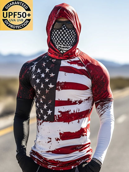 Men's Outdoor Sun Protection Breathable Cool Mask American Flag Print Hooded Sun Protection Long Sleeve Top