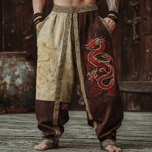 Two-tone patchwork linen-cotton long pants with double dragon design and ancient mythical beast prints