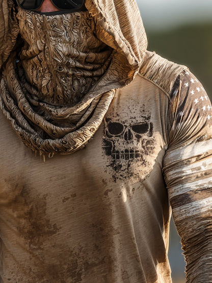 Men's Retro Skull Logo Outdoor Sun Protection Breathable Cooling Mask Hooded Sun Protection Long Sleeve Top