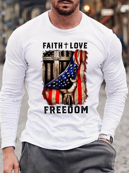 Flag Faith Love Freedom Cotton Long Sleeve T-Shirt