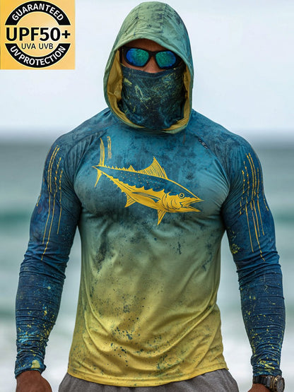 Men's Outdoor Sun Protection Breathable Cool Face Mask Hooded Printed Long-Sleeved Top