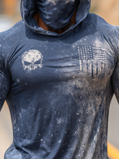 Men's Retro Flag Outdoor Sun Protection Breathable Cooling Mask Hooded Sun Protection Long Sleeve Top