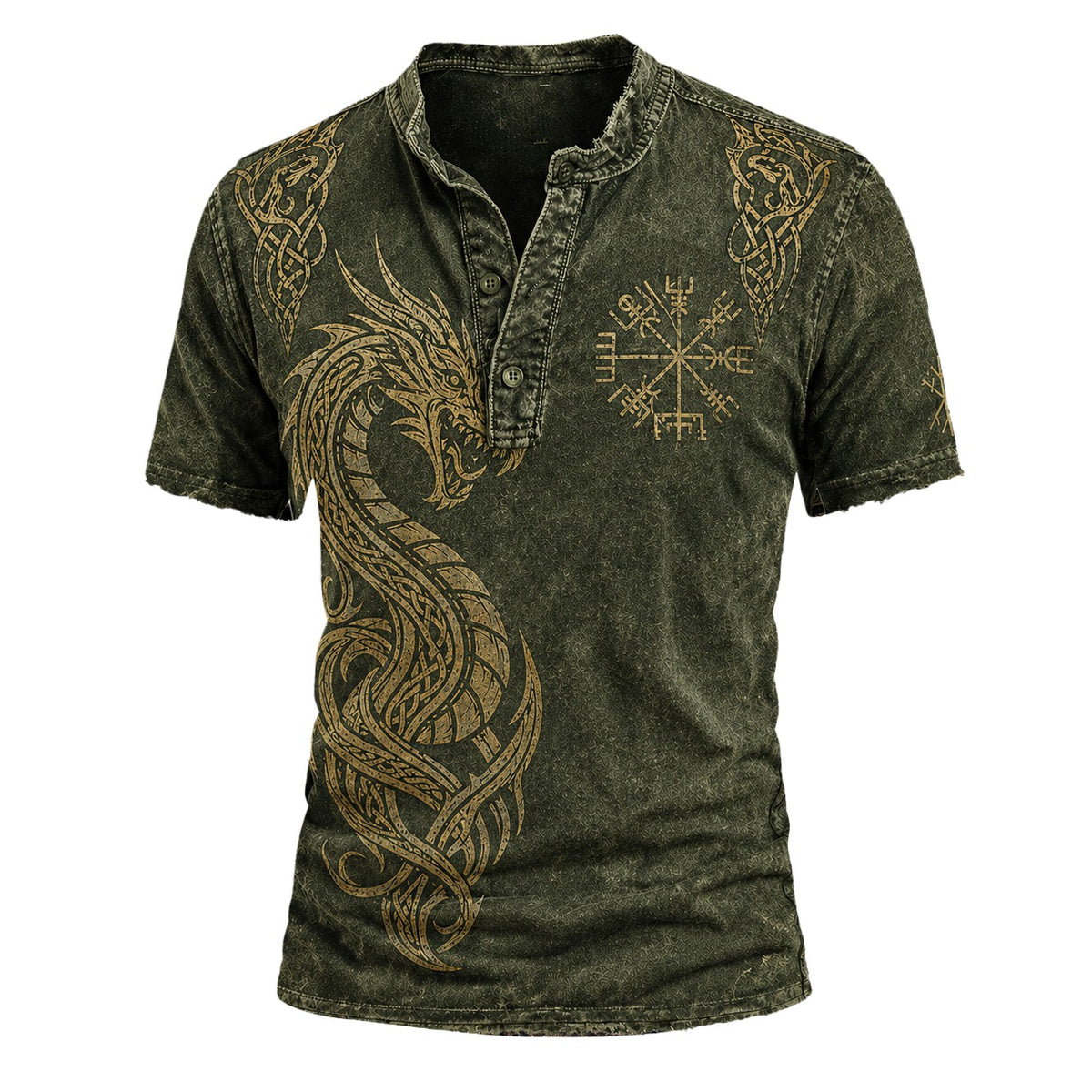 Men's Distressed Green Henley T-Shirt - Vintage Dragon Norse Graphic Short Sleeve Top