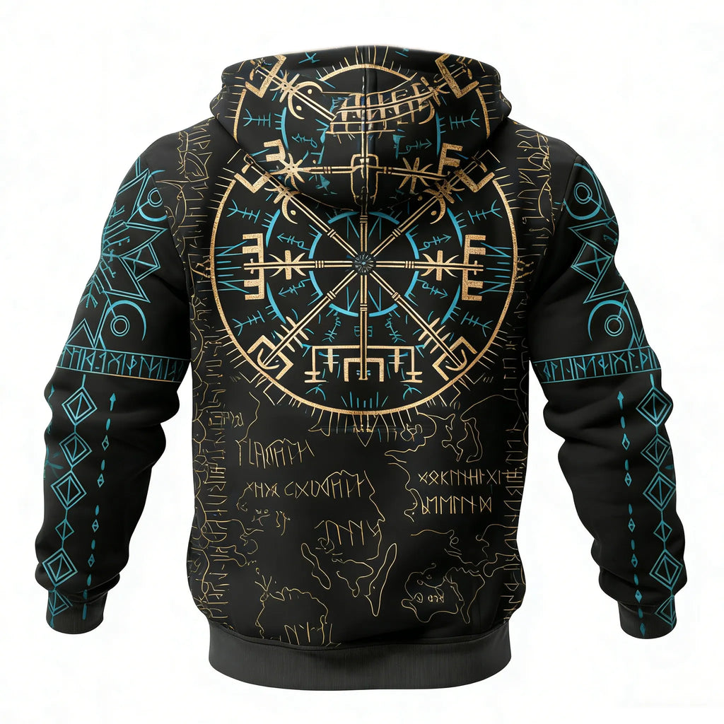 Nordic Viking Style Rune Casual Long-Sleeve Warm Fleece Hoodie