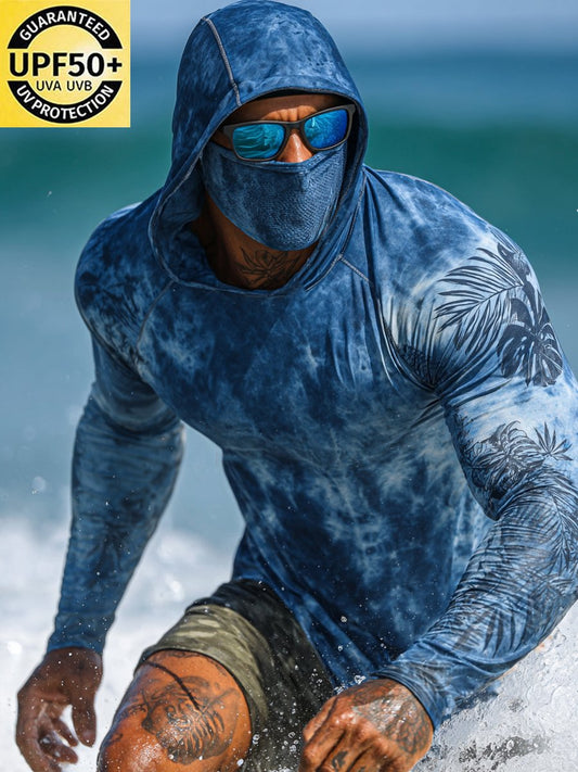 Men's Outdoor Sun Protection Breathable Cool Hooded Printed Long-Sleeved Top