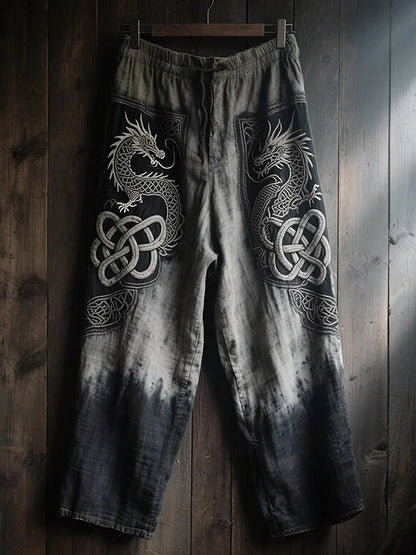 Men's Dragon & Celtic Knot Design Pants - Vintage Tie-Dye Wash Loose Fit Casual Trousers