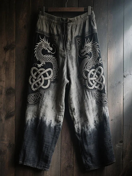 Men's Dragon & Celtic Knot Design Pants - Vintage Tie-Dye Wash Loose Fit Casual Trousers