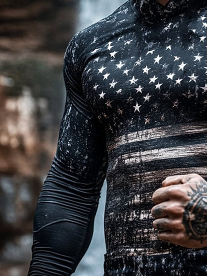 Men's Outdoor Sun Protection Breathable Cool Mask American Flag Print Hooded Sun Protection Long Sleeve Top