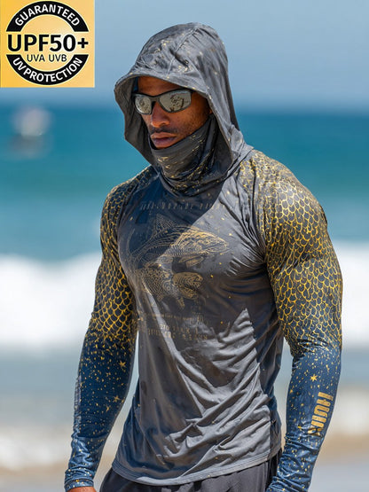 Men's Outdoor Sun Protection Breathable Cool Face Mask Hooded Printed Long-Sleeved Top