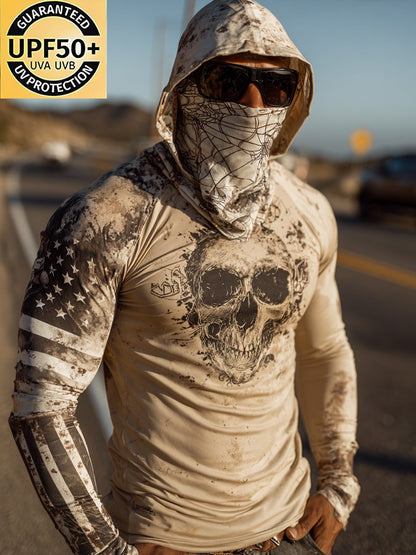 Men's Retro Skull Flag Outdoor Sun Protection Breathable Cooling Mask Hooded Sun Protection Long Sleeve Top