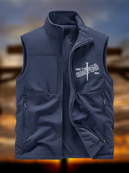 Iron Sharpens Jesus God Christian Reversible Outdoor Fleece-Lined Multi-Pocket Vest