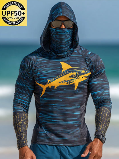 Men's Outdoor Sun Protection Breathable Cool Face Mask Hooded Printed Long-Sleeved Top