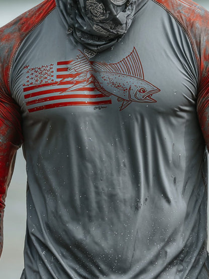 Men's Outdoor Sun Protection Breathable Cool Face Mask Hooded Printed Long-Sleeved Top