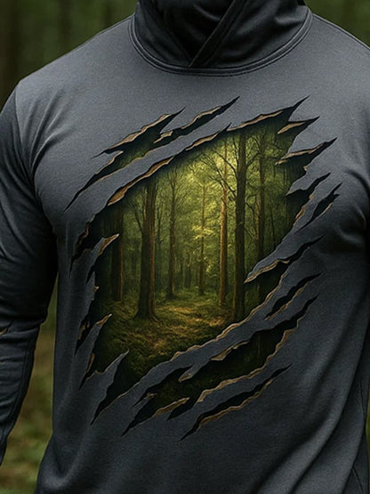 Men's Outdoor Sun Protection Breathable Cool Real 3D Printed Mask Hooded Sun Protection Long-Sleeved Top
