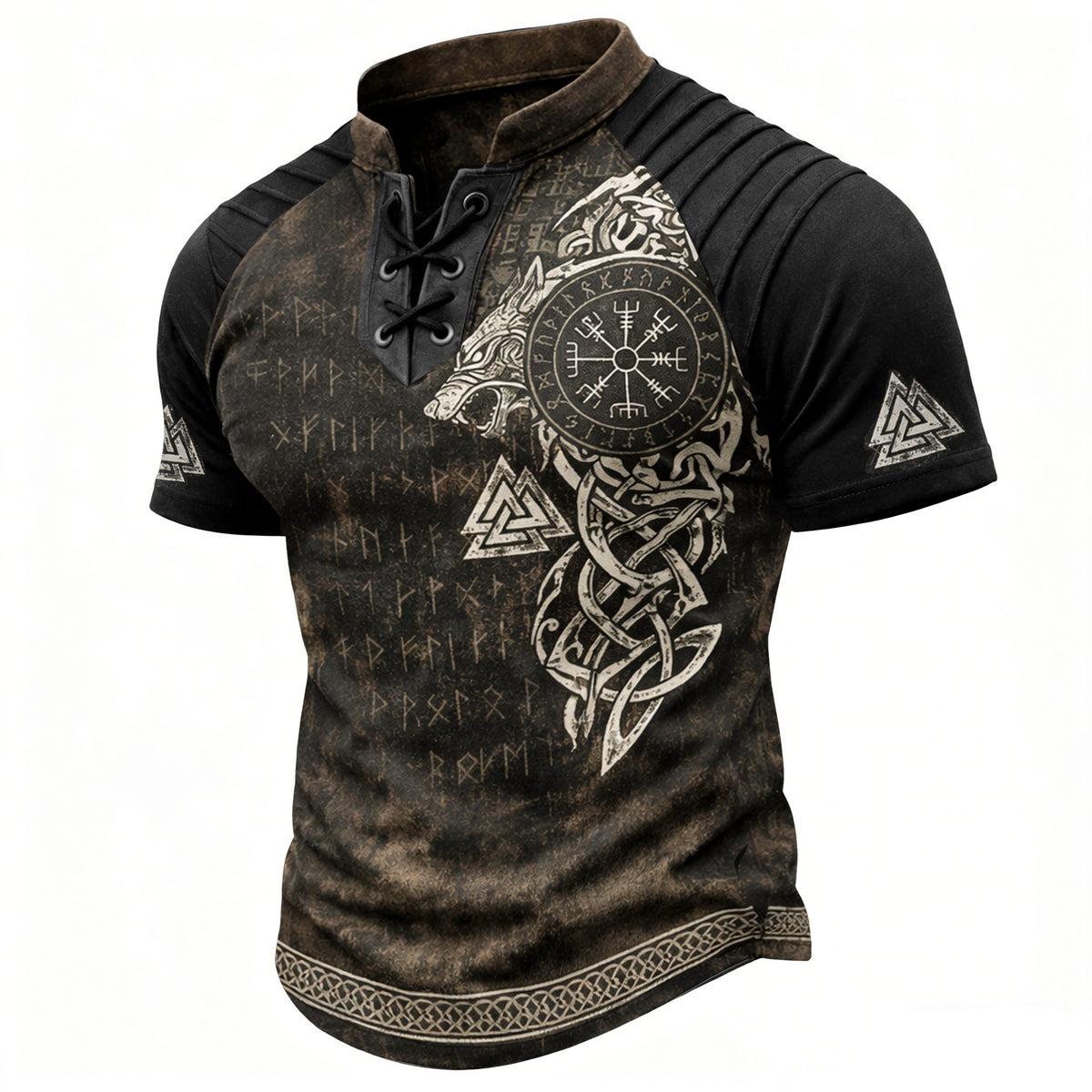 Men's Viking Runes Short Sleeve T-Shirt - Laced V-Neck Ribbed Shoulder Norse Top