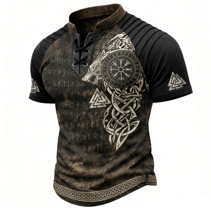 Men's Viking Runes Short Sleeve T-Shirt - Laced V-Neck Ribbed Shoulder Norse Top