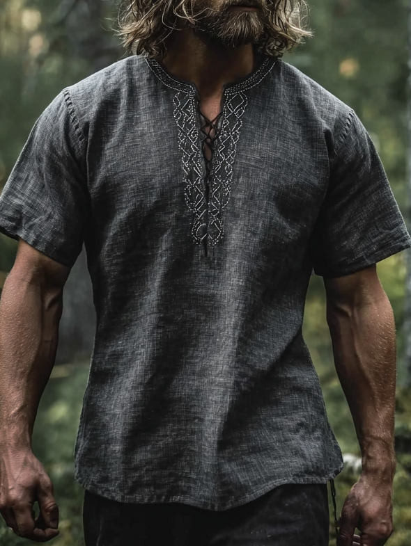 Men's Viking-Inspired Celtic Knot Short Sleeve Linen Henley Shirt