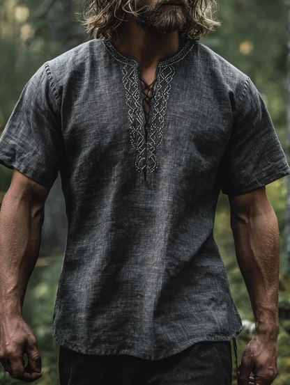 Men's Viking-Inspired Celtic Knot Short Sleeve Linen Henley Shirt