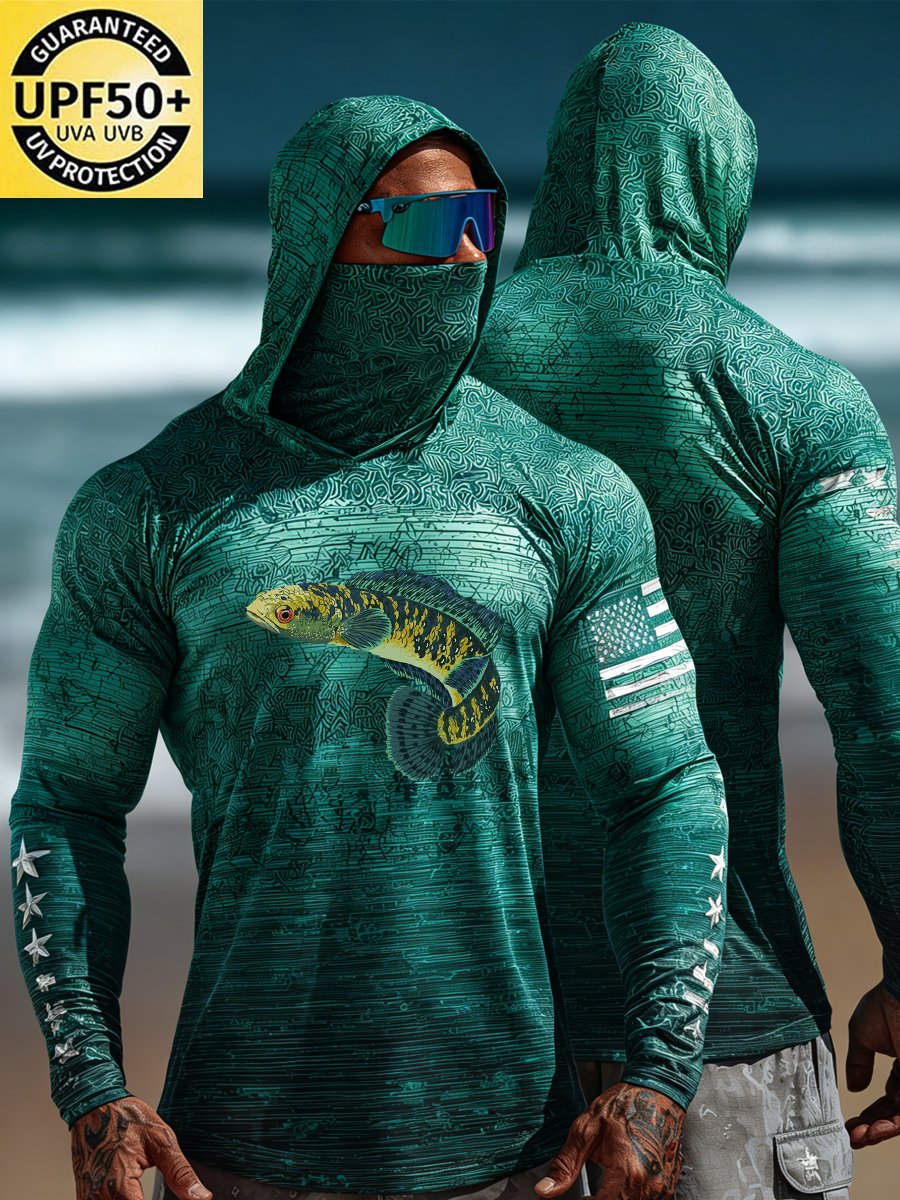 Men's Outdoor Sun Protection Breathable Cool Face Mask Hooded Printed Long-Sleeved Top