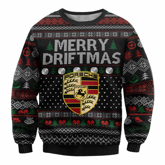 Unisex Vintage Racing Car Merry Driftmas Print Crew Neck Ugly Christmas Sweatshirt
