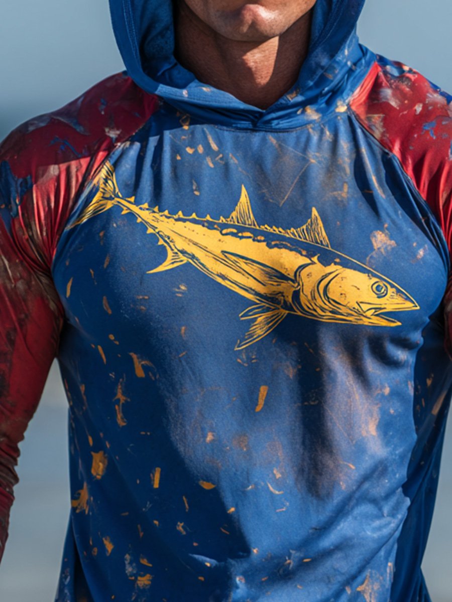 Men's Outdoor Sun Protection Breathable Cool Face Mask Hooded Printed Long-Sleeved Top
