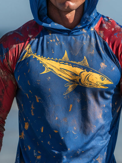 Men's Outdoor Sun Protection Breathable Cool Face Mask Hooded Printed Long-Sleeved Top