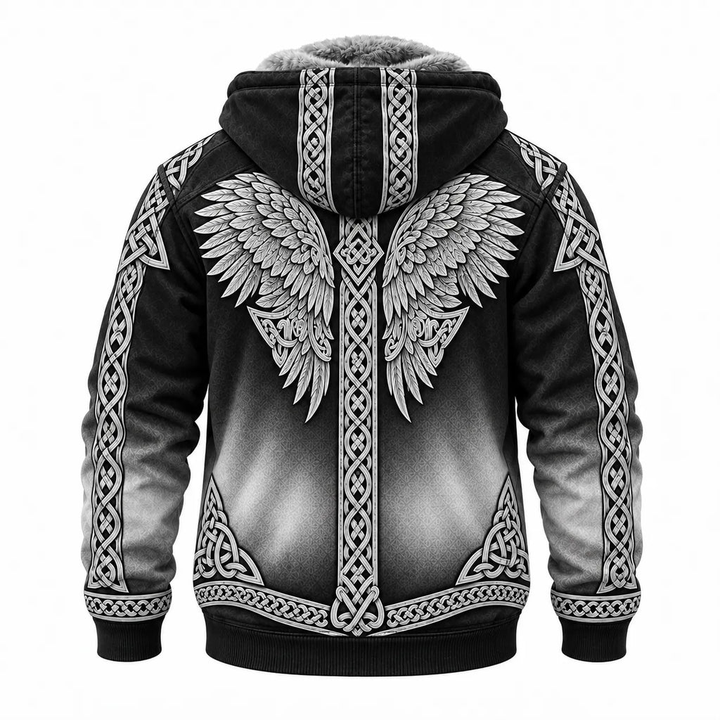 Black Viking Winged Sword Fleece Zip Hoodie