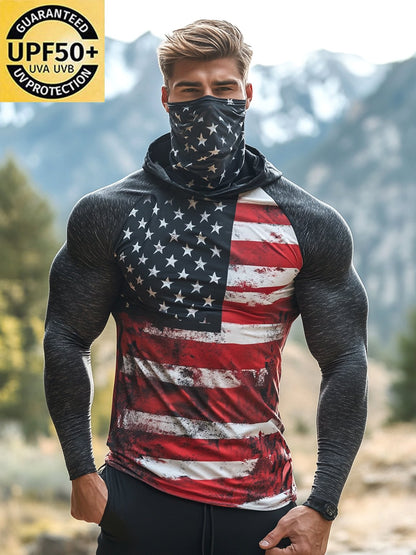 Men's Outdoor Sun Protection Breathable Cool Mask American Flag Print Hooded Sun Protection Long Sleeve Top