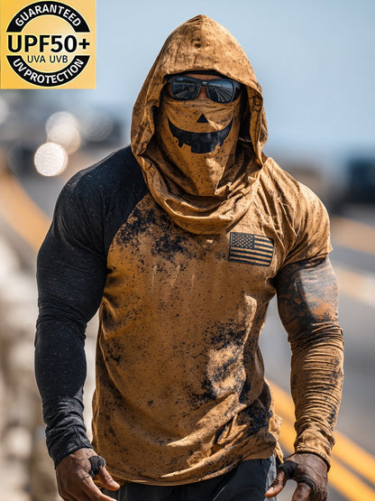 Men's Retro Skull Logo Outdoor Sun Protection Breathable Cooling Mask Hooded Sun Protection Long Sleeve Top